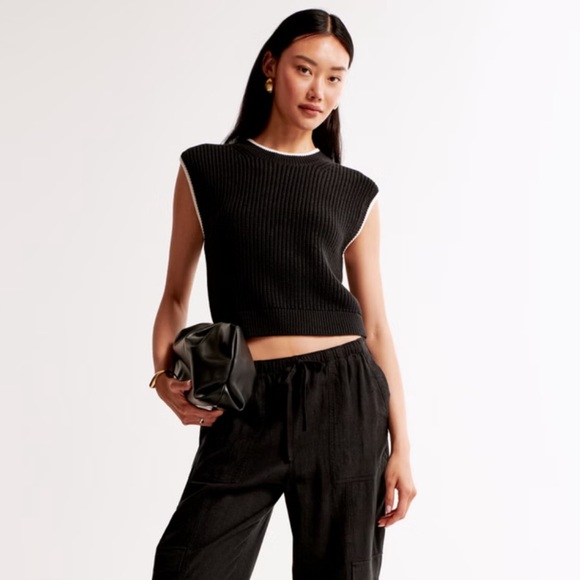 Abercrombie & Fitch Cable Knit Acadmia Crew Sweater Vest Black White Trim Sz L - Picture 5 of 13